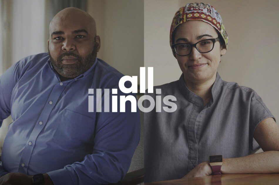 "All In Illinois" overlaid on top of portraits of two individuals